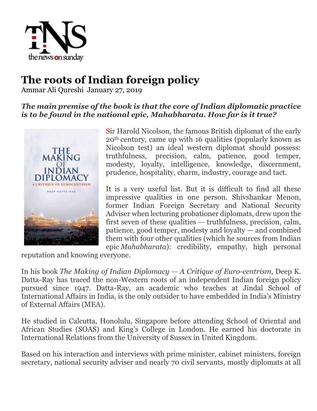 The Roots of Indian Foreign Policy Ammar Ali Qureshi January 27, 2019