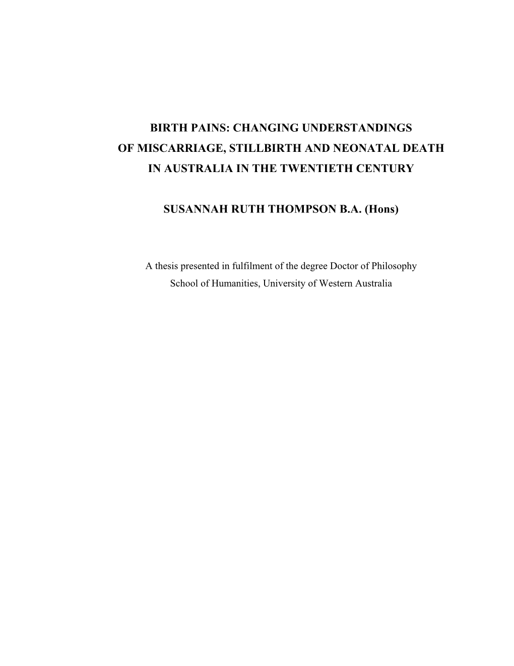 Changing Understandings of Miscarriage, Stillbirth and Neonatal Death in Australia in the Twentieth Century