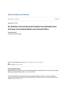 Mr. Nicholas Trott and the South Carolina Vice Admiralty Court: an Essay on Procedural Reform and Colonial Politics