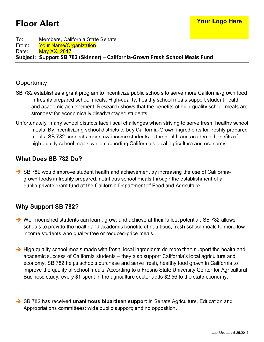 Subject: Support SB 782 (Skinner) California-Grown Fresh School Meals Fund