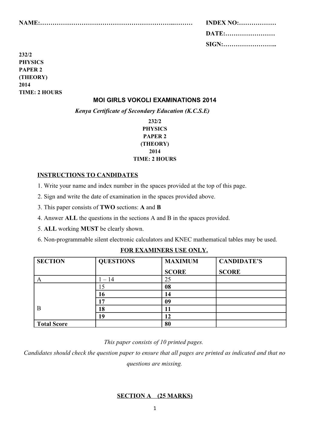 Moi Girls Vokoli Examinations 2014