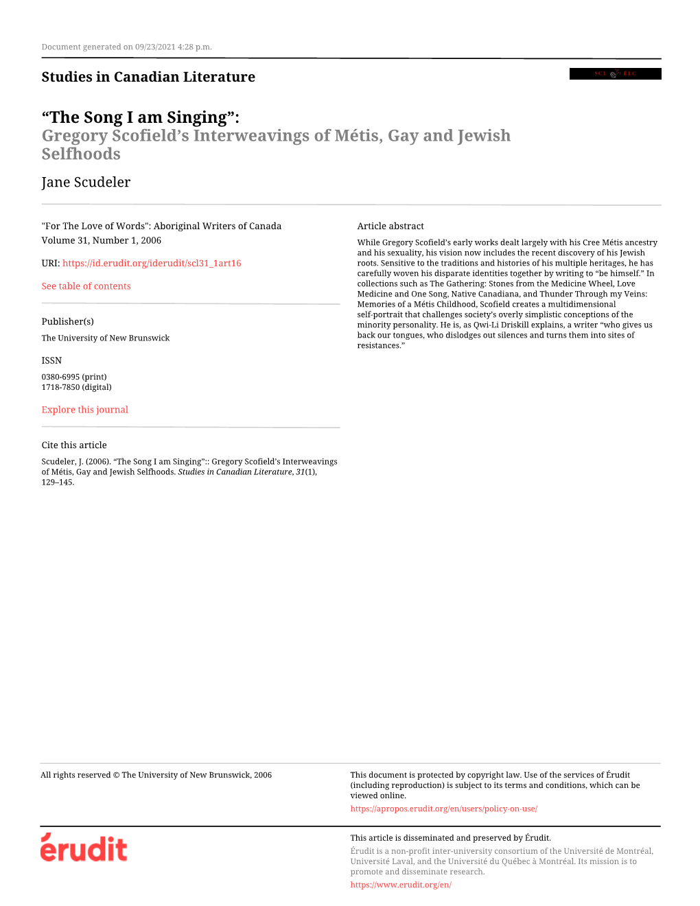 Gregory Scofield's Interweavings of Métis, Gay and Jewish