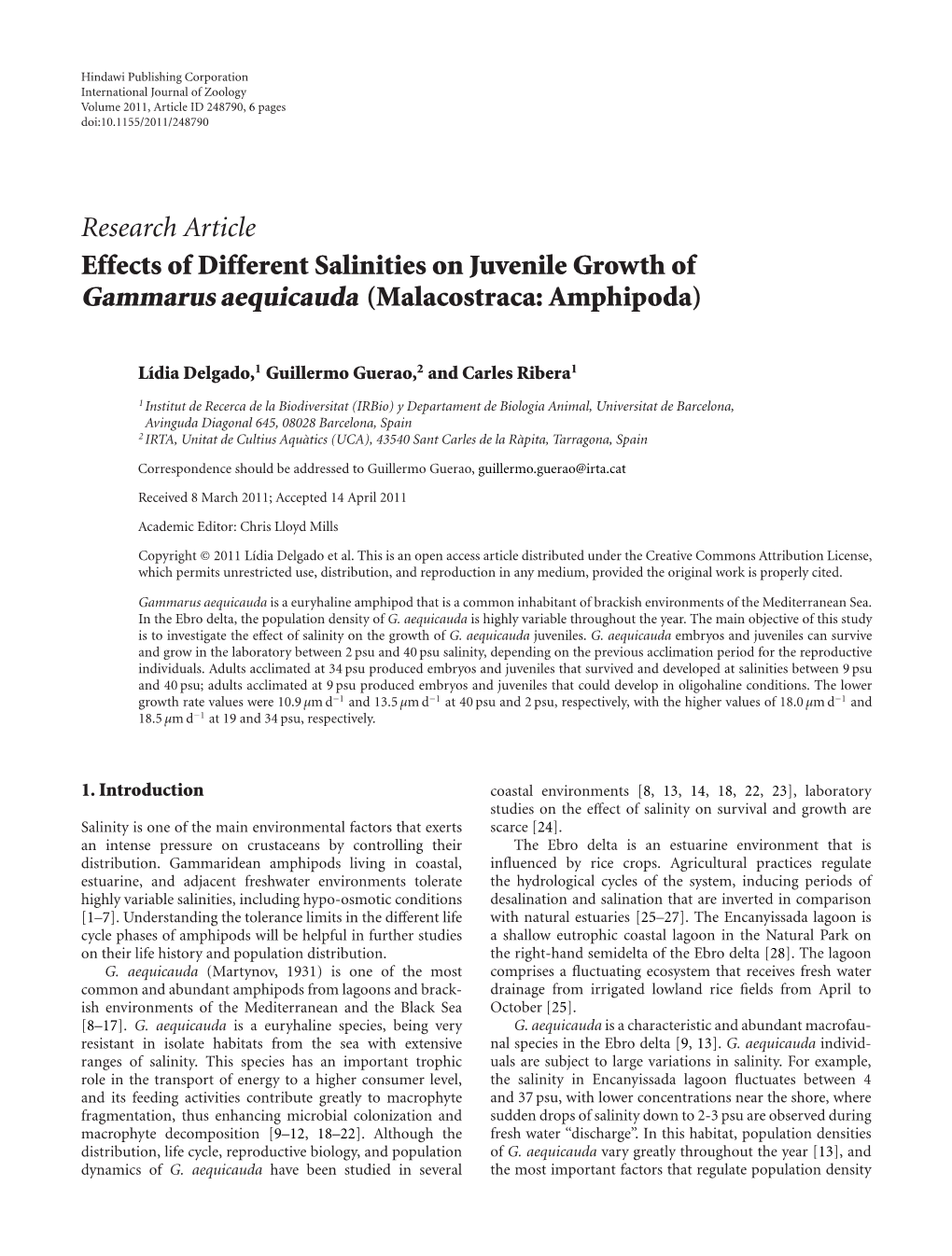 Research Article Effects of Different Salinities on Juvenile Growth of Gammarus Aequicauda (Malacostraca: Amphipoda)