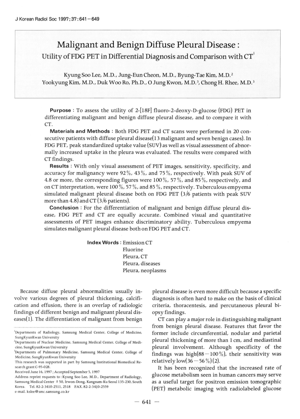 Malignant and Benign Diffuse Pleural Disease : Utility Offdg PET in Differential Diagnosis and Comparison with CT 1