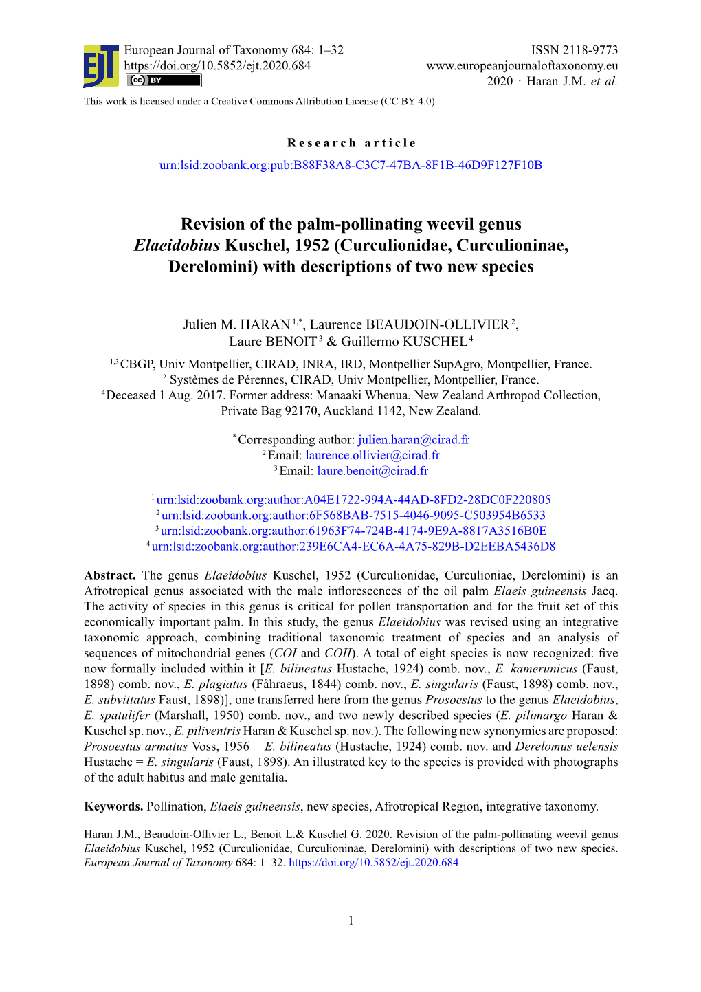 Revision of the Palm-Pollinating Weevil Genus Elaeidobius Kuschel, 1952 (Curculionidae, Curculioninae, Derelomini) with Descriptions of Two New Species