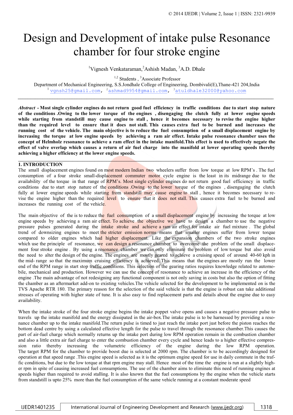 Design and Development of Intake Pulse Resonance Chamber for Four Stroke Engine