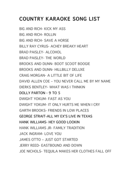 Country Karaoke List Alpha