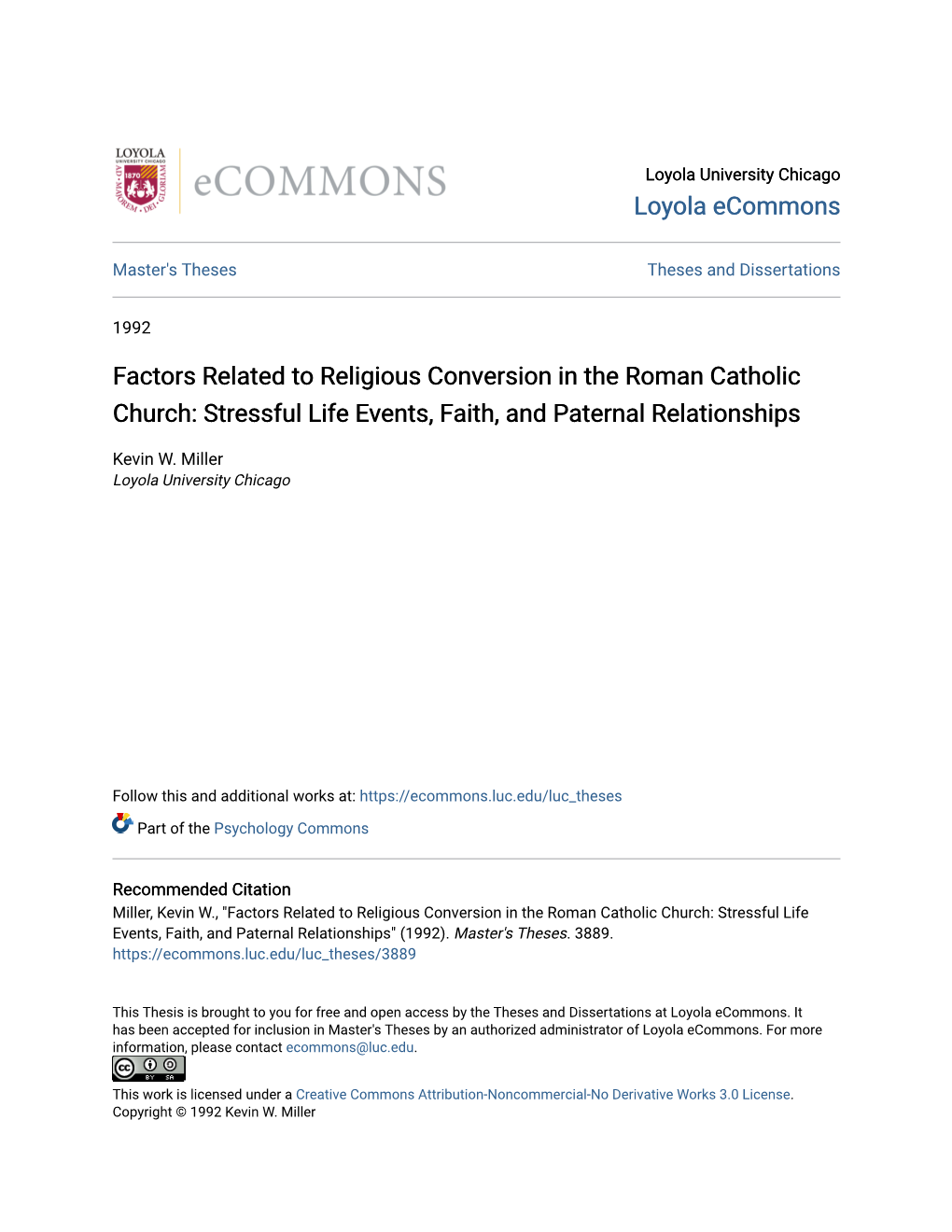 Factors Related to Religious Conversion in the Roman Catholic Church: Stressful Life Events, Faith, and Paternal Relationships