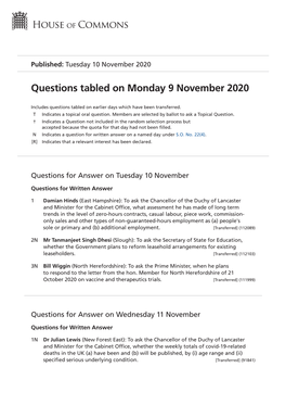 Questions Tabled on Monday 9 November 2020