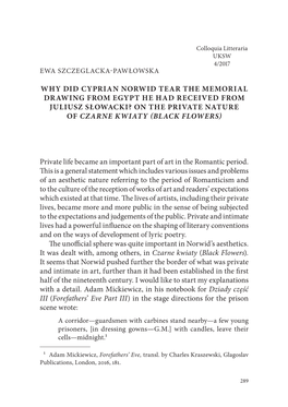 Why Did Cyprian Norwid Tear the Memorial Drawing from Egypt He Had Received from Juliusz Słowacki? on the Private Nature of Czarne Kwiaty (Black Flowers)