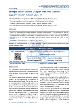 Enlarged Middle Cervical Ganglion with Ansa Subclavia Gupta S *1, Priyanka 2, Rathee SK 3, Garsa V 4