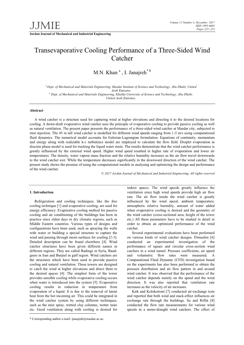 Transevaporative Cooling Performance of a Three-Sided Wind Catcher