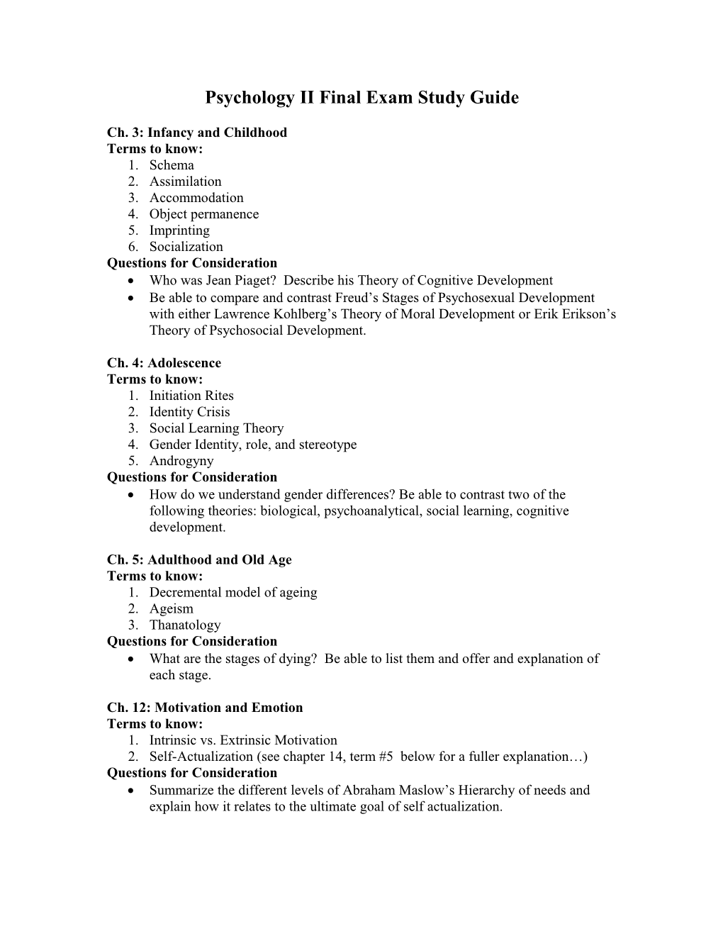 Psychology II Final Exam Study Guide