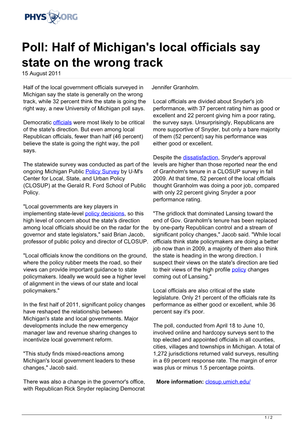 Half of Michigan's Local Officials Say State on the Wrong Track 15 August 2011
