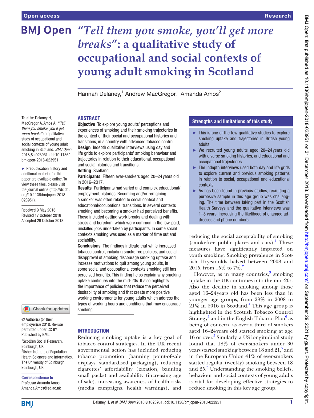 A Qualitative Study of Occupational and Social Contexts of Young Adult Smoking in Scotland