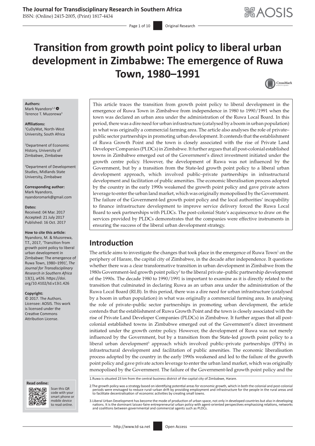 Transition from Growth Point Policy to Liberal Urban Development in Zimbabwe: the Emergence of Ruwa Town, 1980–1991