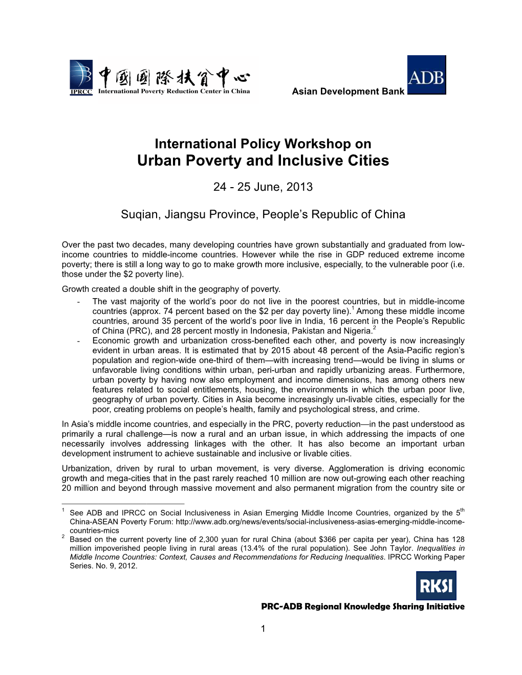 IPRCC-ADB International Policy Workshop: Urban Poverty And