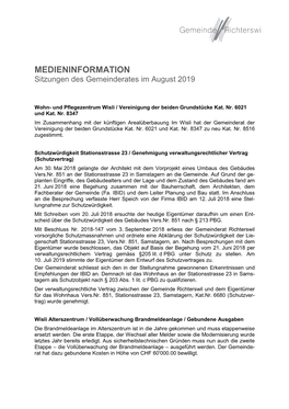 MEDIENINFORMATION Sitzungen Des Gemeinderates Im August 2019