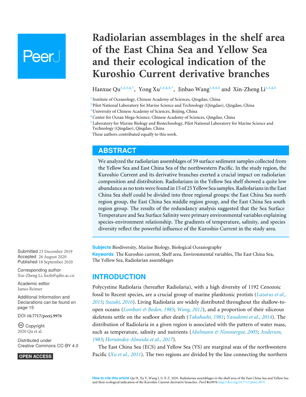 Radiolarian Assemblages in the Shelf Area of the East China Sea and Yellow Sea and Their Ecological Indication of the Kuroshio Current Derivative Branches