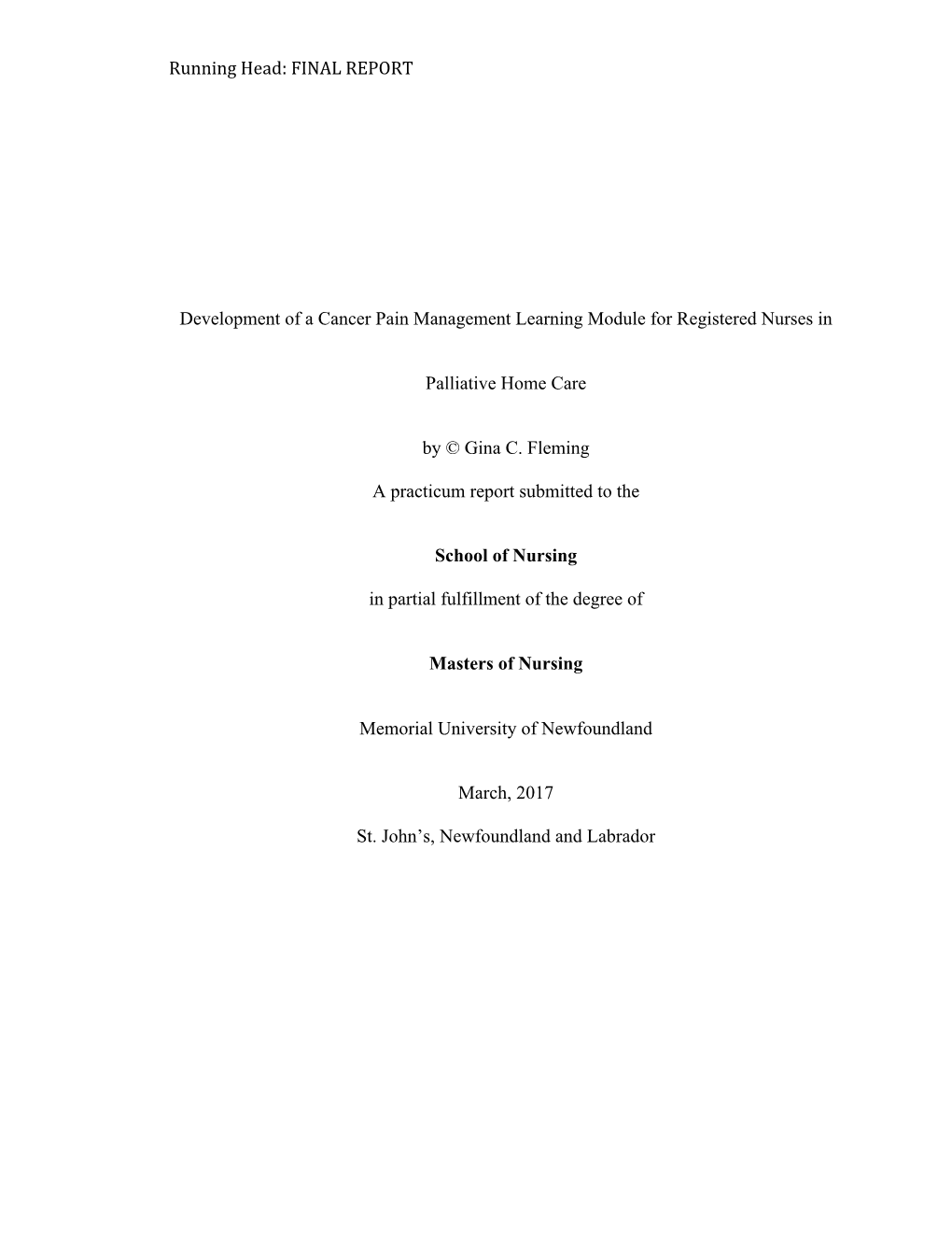 FINAL REPORT Development of a Cancer Pain Management Learning