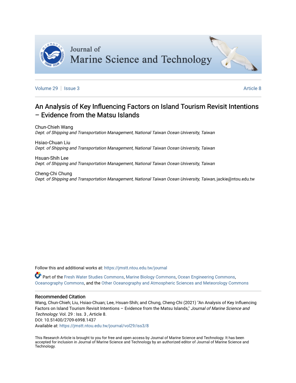 An Analysis of Key Influencing Factors on Island Tourism Revisit Intentions – Evidence from the Matsu Islands,