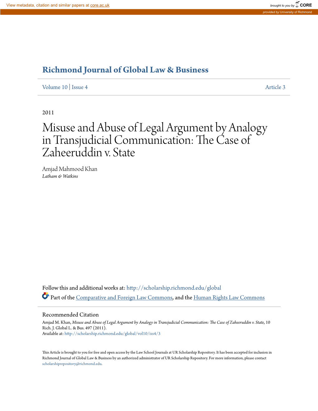 Misuse and Abuse of Legal Argument by Analogy in Transjudicial Communication: the Ac Se of Zaheeruddin V