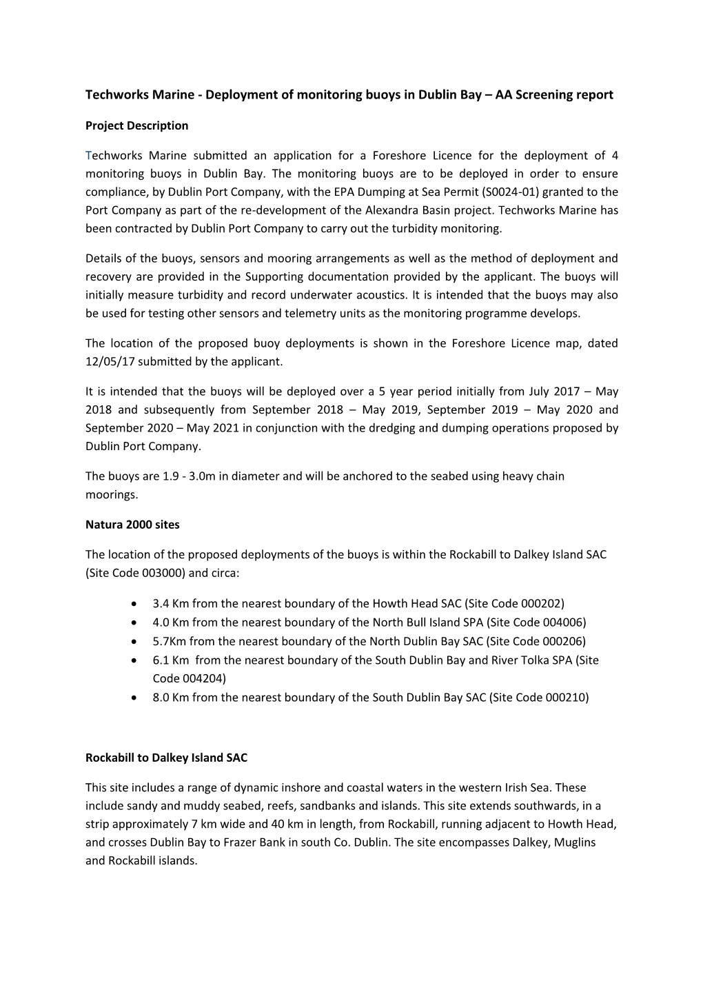 Techworks Marine - Deployment of Monitoring Buoys in Dublin Bay – AA Screening Report