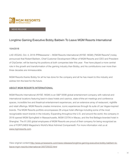 Longtime Gaming Executive Bobby Baldwin to Leave MGM Resorts International