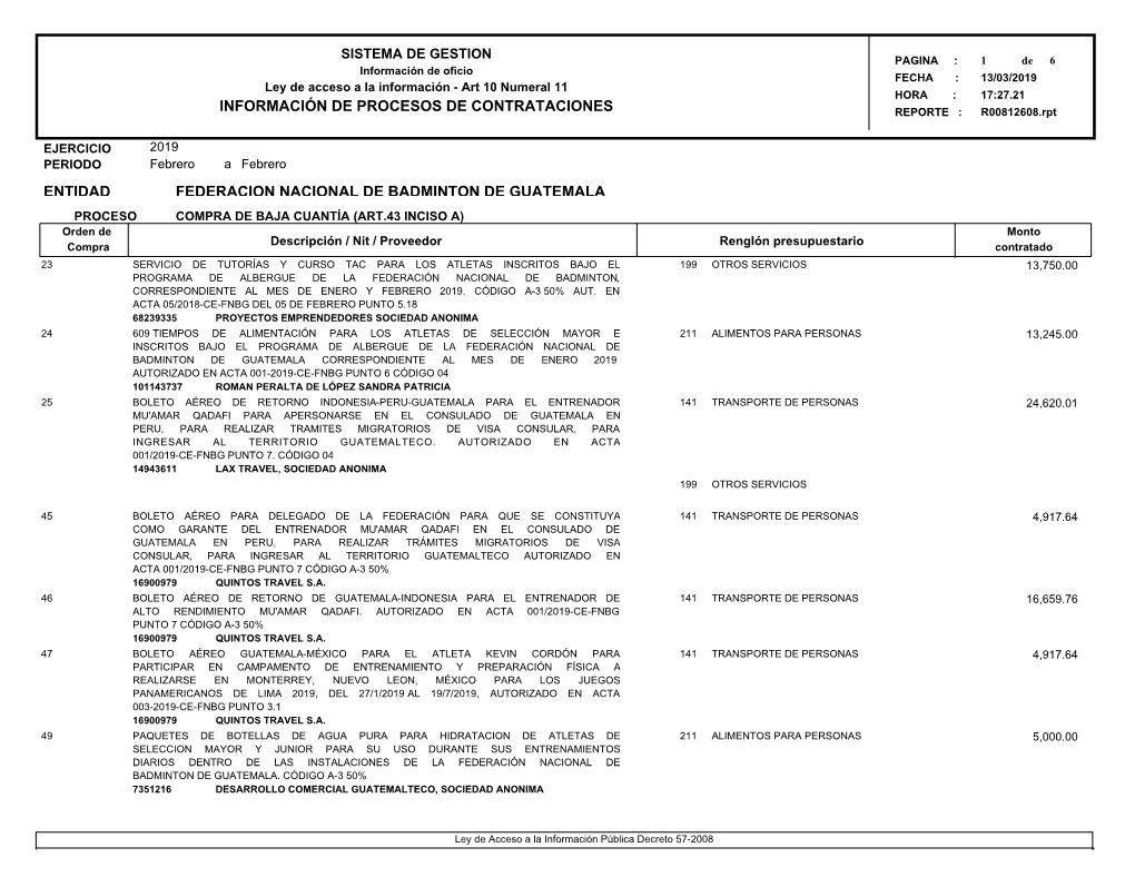 INFORMACIÓN DE PROCESOS DE CONTRATACIONES REPORTE : R00812608.Rpt