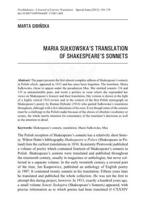 Maria Sułkowska's Translation of Shakespeare's Sonnets