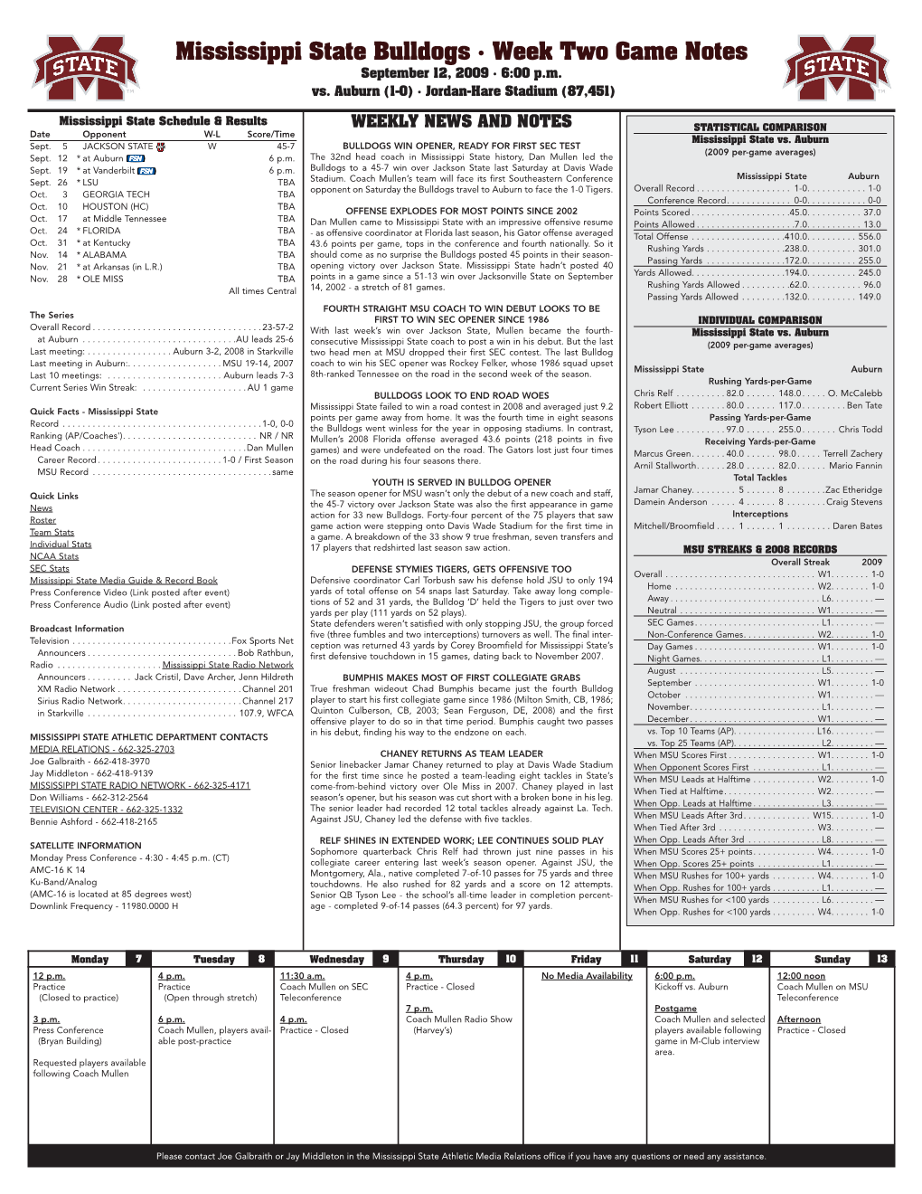 Mississippi State Bulldogs • Week Two Game Notes September 12, 2009 • 6:00 P.M