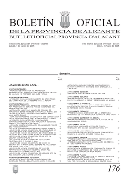 BOLETÍN OFICIAL DE LA PROVINCIA DE ALICANTE BUTLLETÍ OFICIAL PROVÍNCIA D'alacant Edita Excma