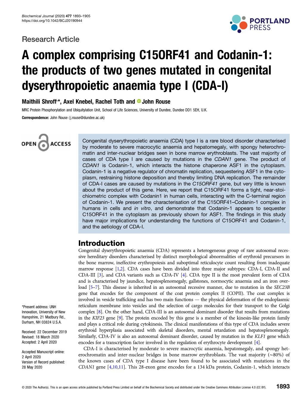 A Complex Comprising C15ORF41 and Codanin-1: the Products of Two Genes Mutated in Congenital Dyserythropoietic Anaemia Type I (CDA-I)