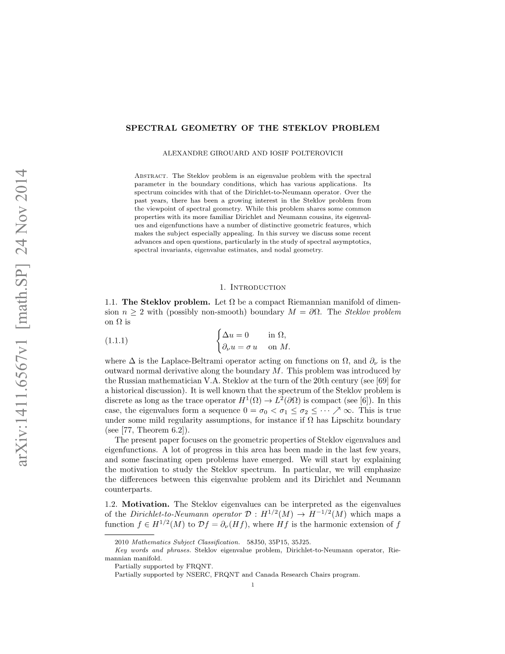 Arxiv:1411.6567V1 [Math.SP] 24 Nov 2014 the Motivation to Study the Steklov Spectrum