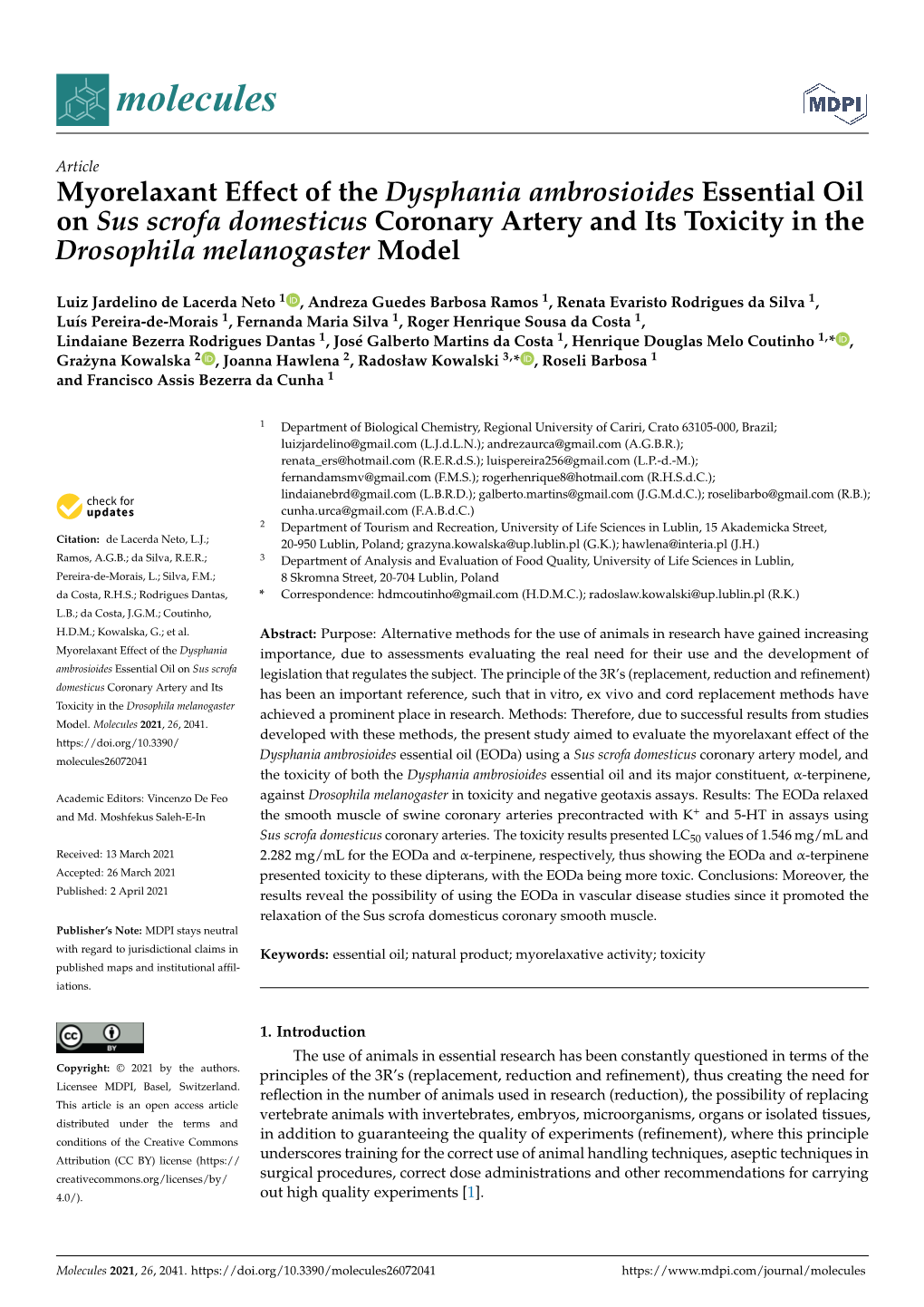 Myorelaxant Effect of the Dysphania Ambrosioides Essential Oil on Sus Scrofa Domesticus Coronary Artery and Its Toxicity in the Drosophila Melanogaster Model