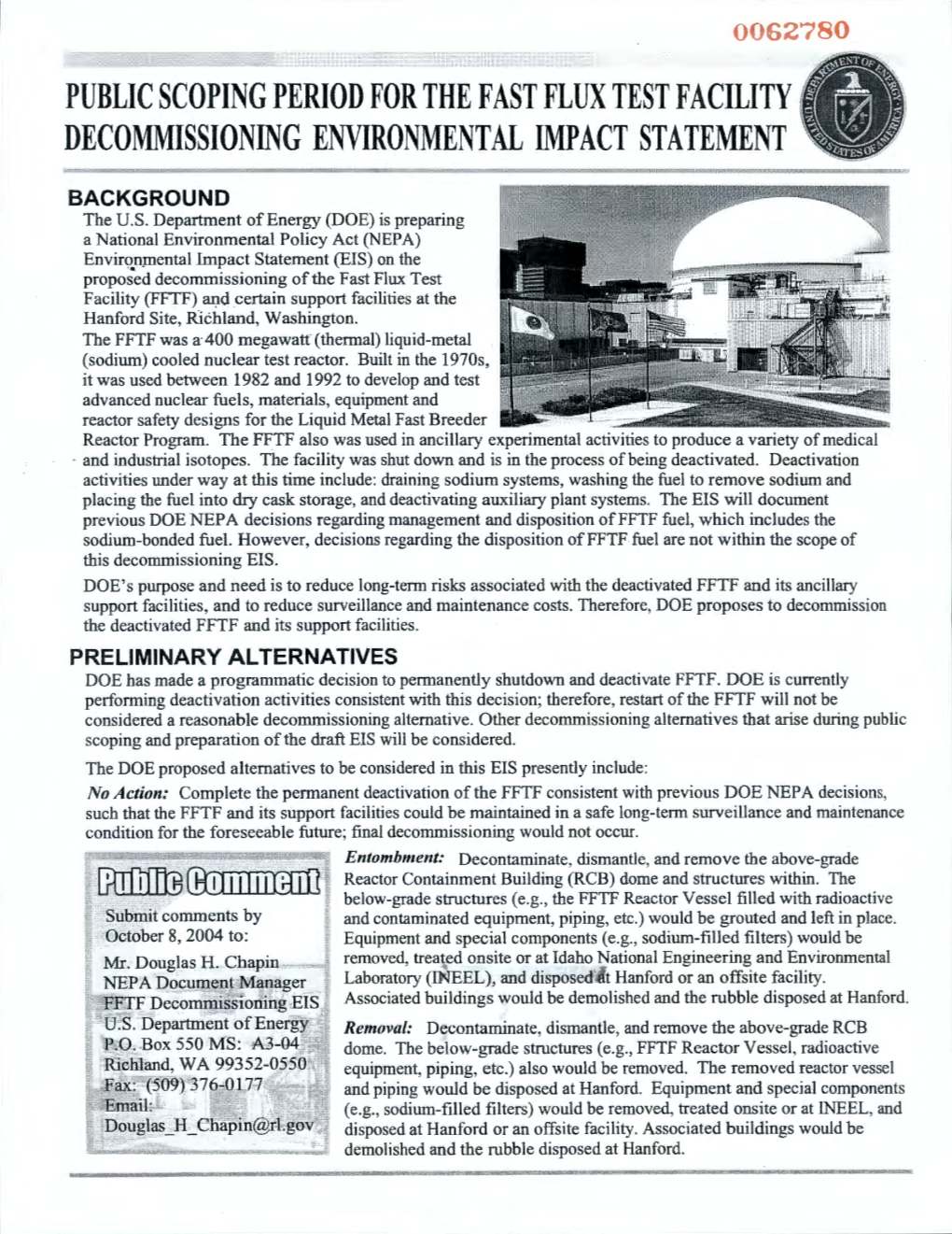 Public Scoping Period for the Fast Flux Test Facility(" Decommissioning Environmental Impact Statement