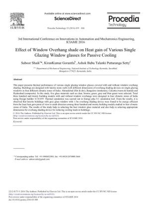 Effect of Window Overhang Shade on Heat Gain of Various Single Glazing Window Glasses for Passive Cooling