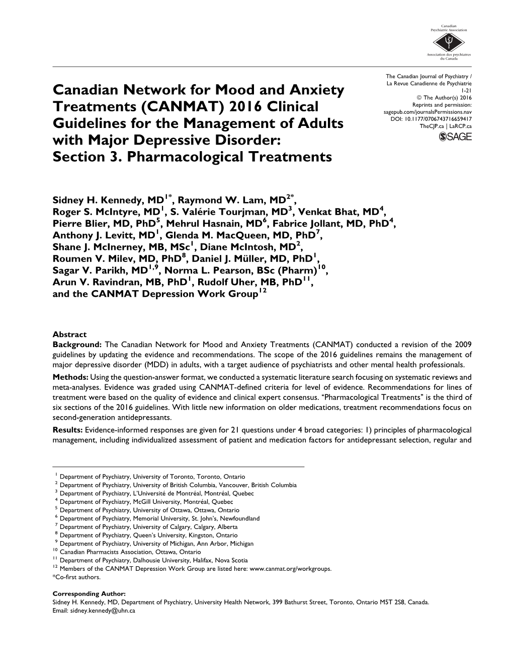 Canadian Network for Mood and Anxiety Treatments (CANMAT) 2016 Clinical Guidelines for the Management of Adults with Major Depre