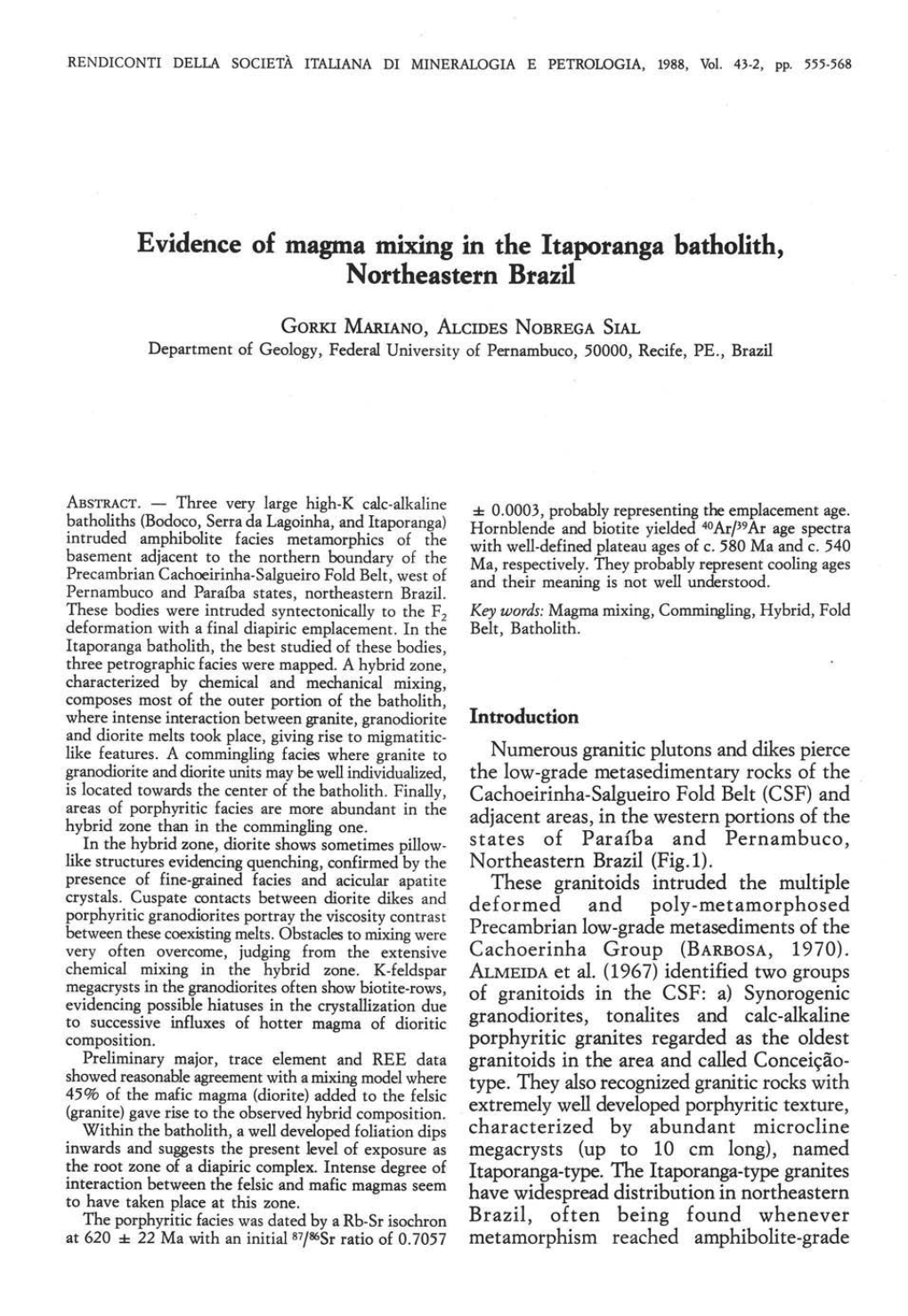 Evidence of Magma Mixing in the Itaporanga Batholith, Northeastern Brazil