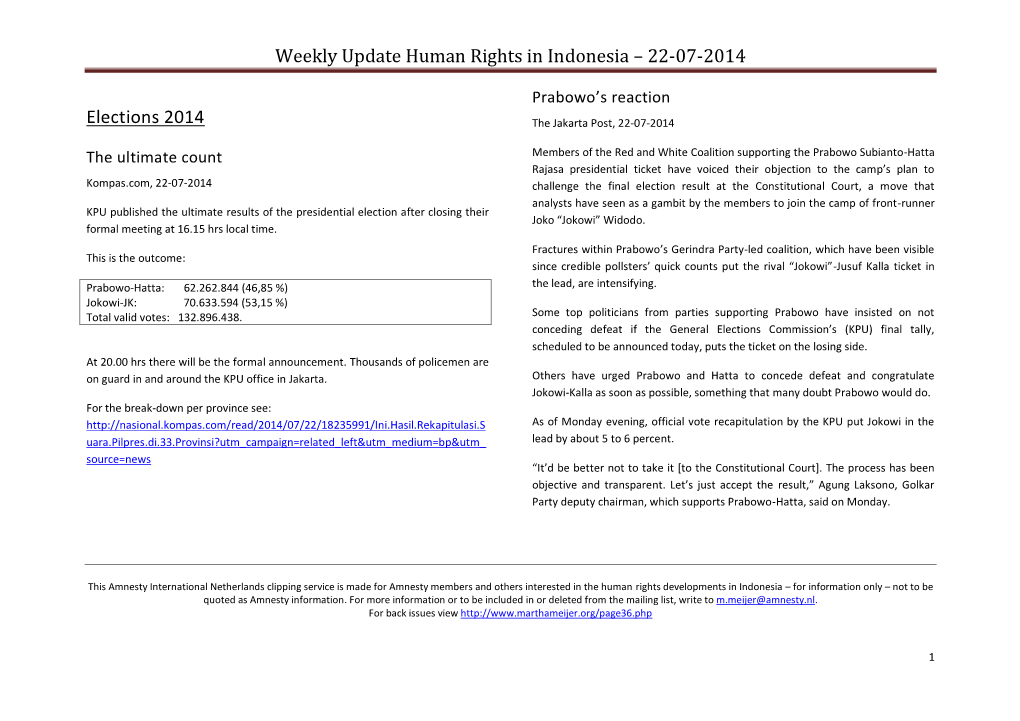 Weekly Update Human Rights in Indonesia – 22-07-2014 Elections