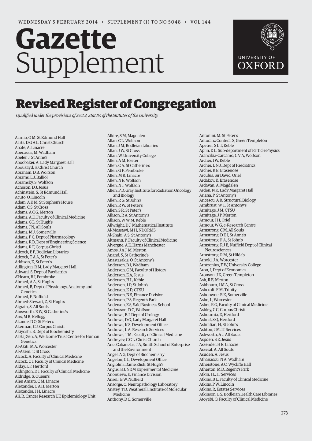 Revised Register of Congregation Qualified Under the Provisions of Sect 3, Stat IV, of the Statutes of the University