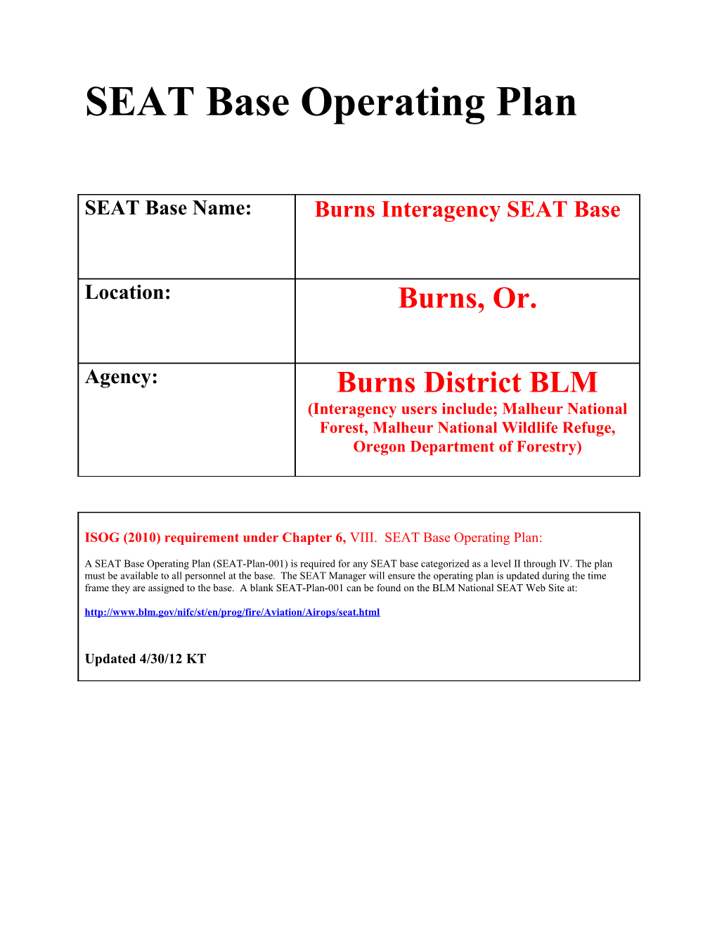 SEAT Base Operating Plan