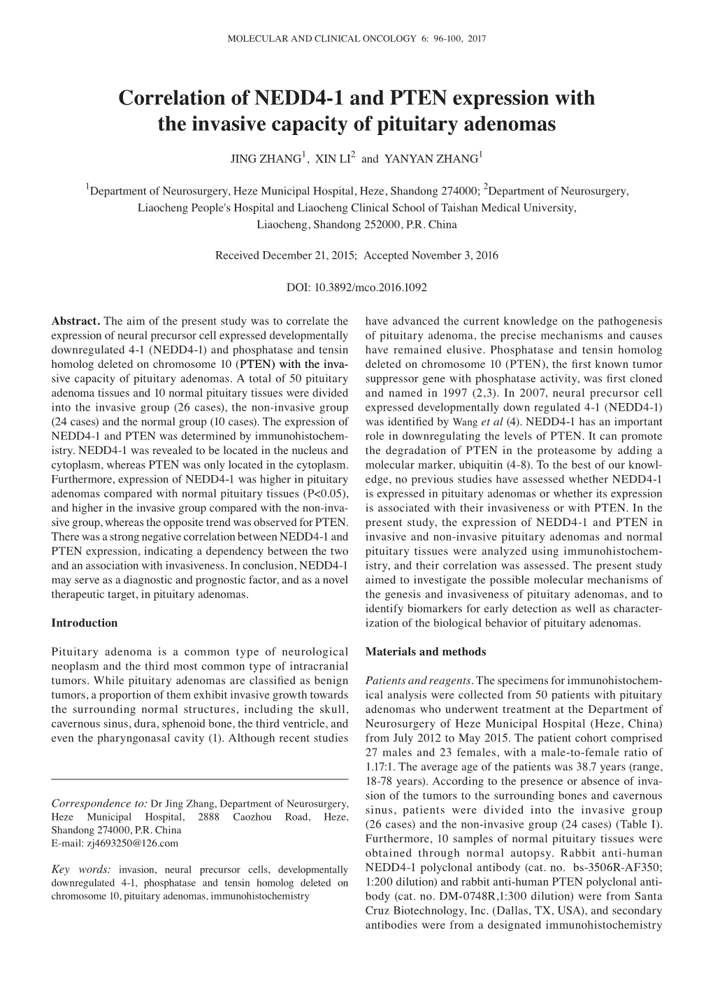 Correlation of NEDD4-1 and PTEN Expression with the Invasive Capacity of Pituitary Adenomas