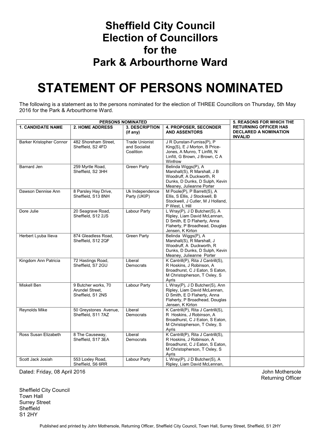 Sheffield City Council Statement of Persons Nominated May 2016