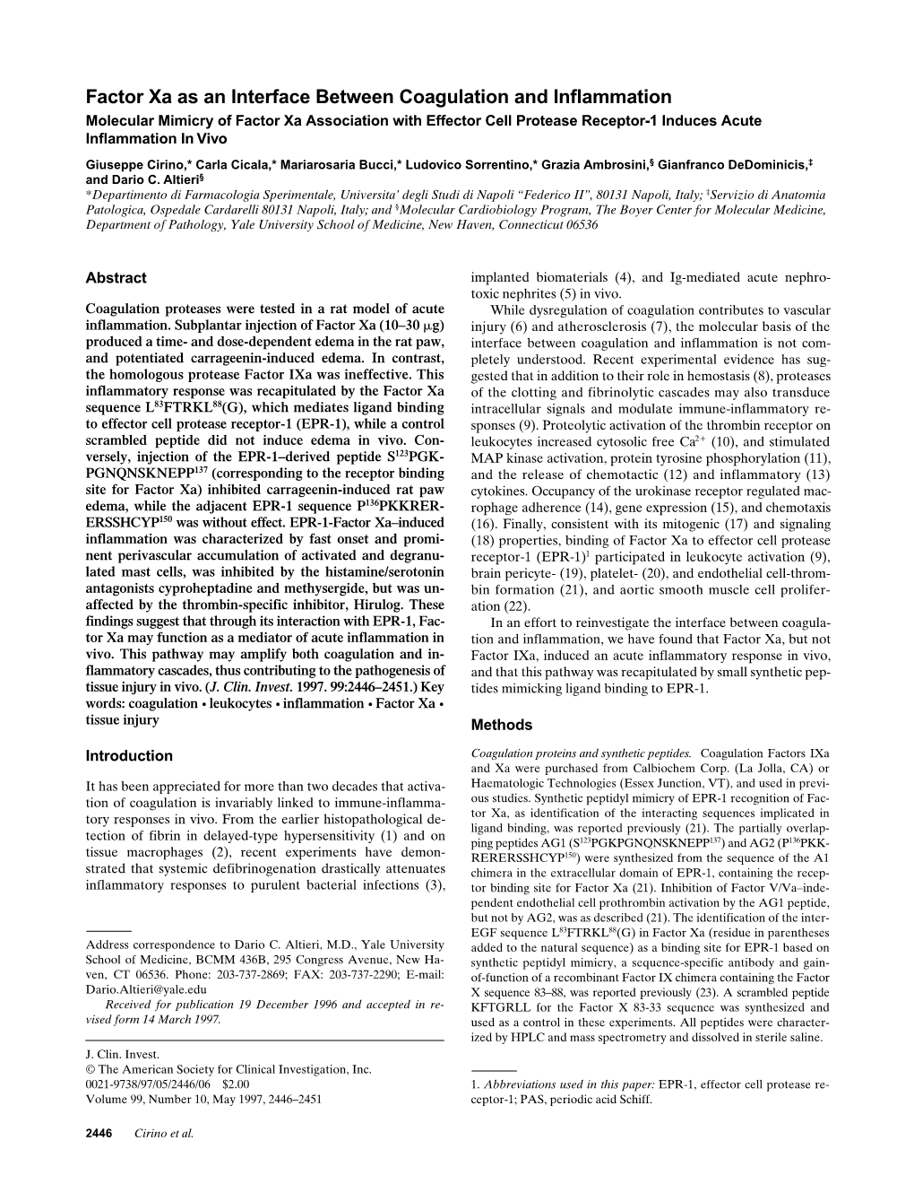 Factor Xa As an Interface Between Coagulation and Inflammation