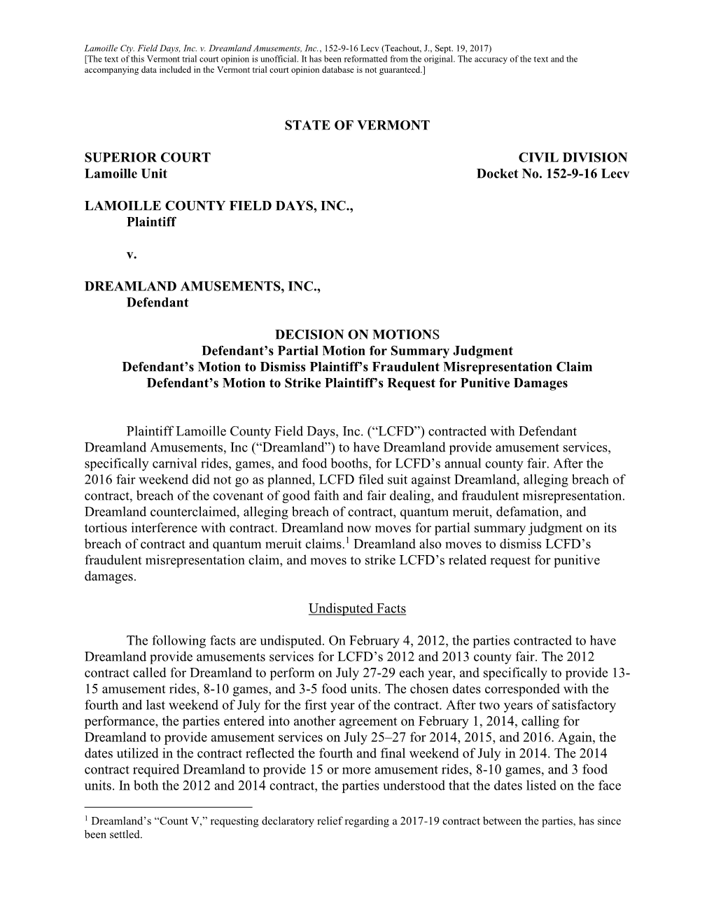 Lamoille Cty. Field Days, Inc. V. Dreamland Amusements, Inc., 152-9-16 Lecv (Teachout, J., Sept