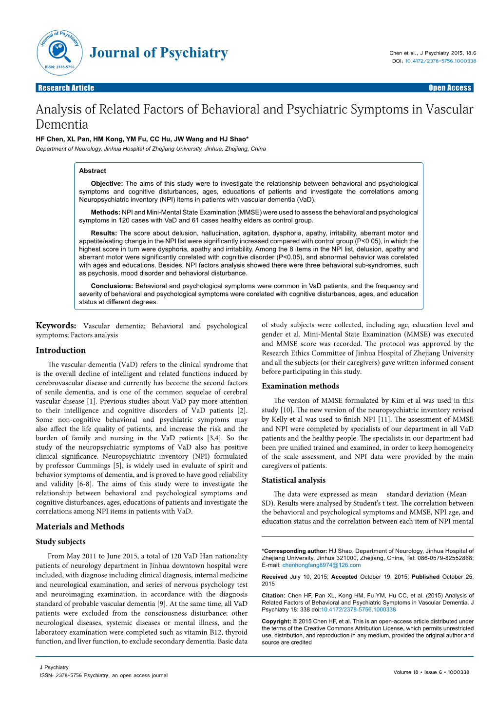 Analysis of Related Factors of Behavioral and Psychiatric Symptoms in Vascular Dementia