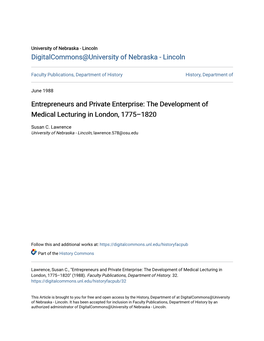 Entrepreneurs and Private Enterprise: the Development of Medical Lecturing in London, 1775Â•Fi1820