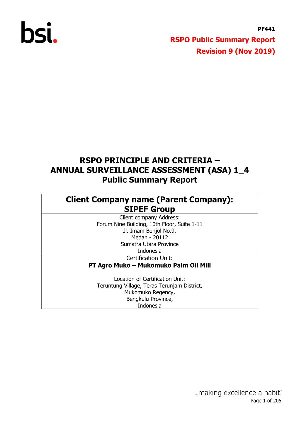 SIPEF Group Client Company Address: Forum Nine Building, 10Th Floor, Suite 1-11 Jl