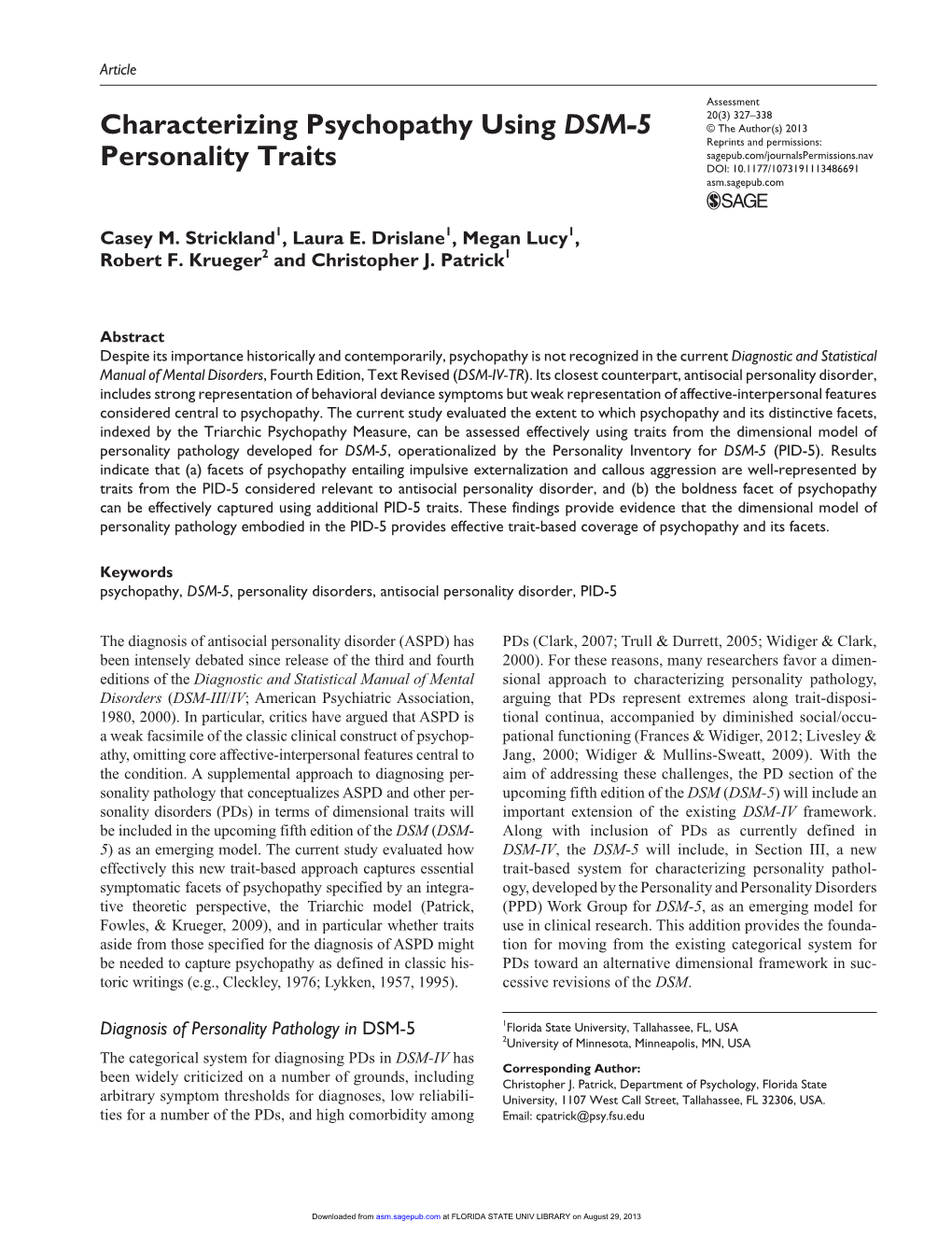 Characterizing Psychopathy Using DSM-5 Personality Traits